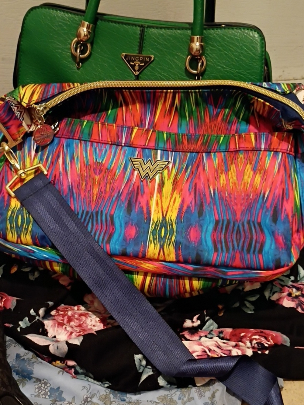 Wonder Woman Multicolor Pattern Crossbody Bag with Navy Strap